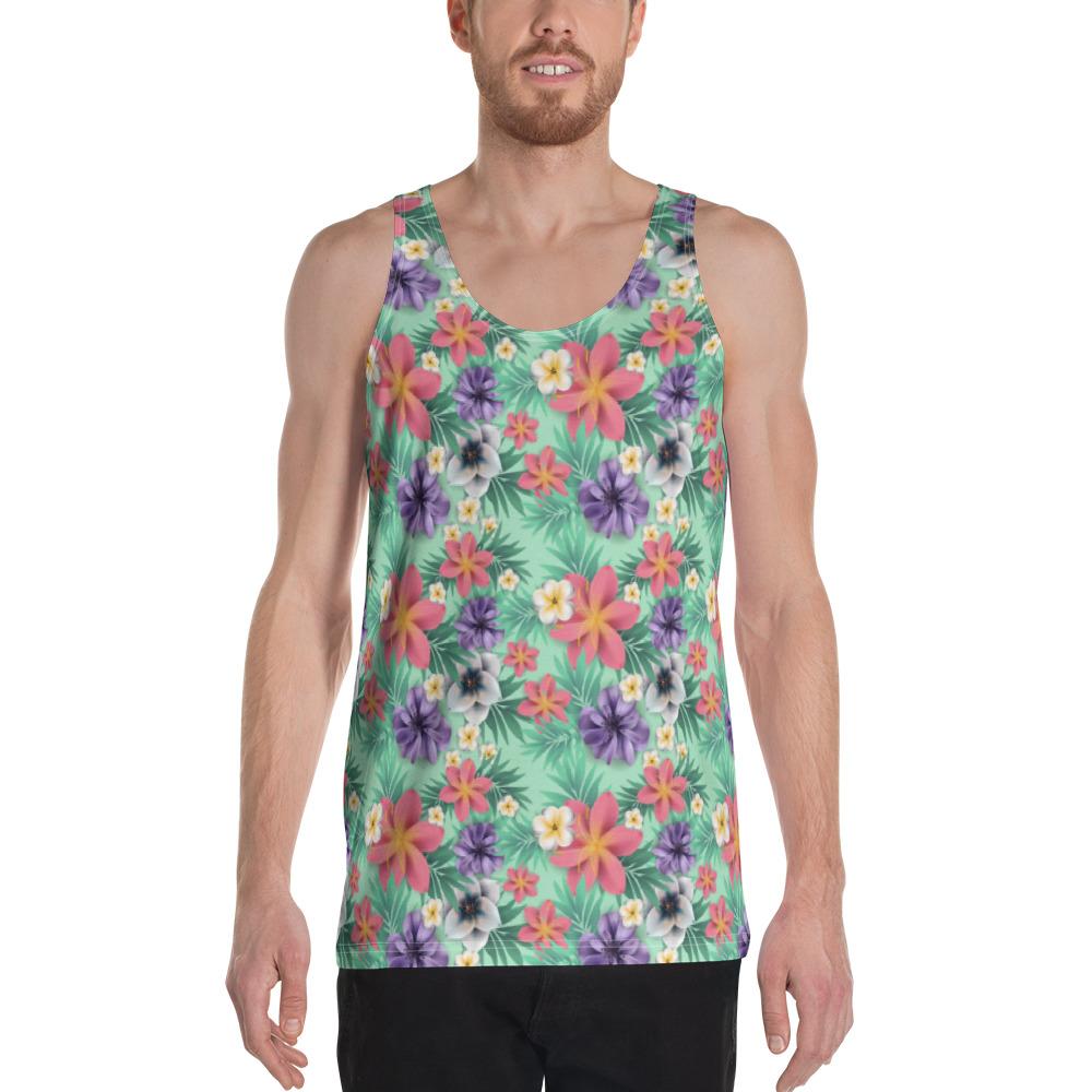 Tropical Flower Blossom Palm Leaves Hawaii Men's Tank Top AH White - Polynesian Pride