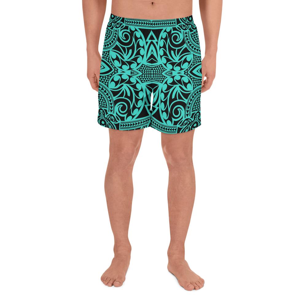 Polynesian Kakau Turtle Turquoise Men's Athletic Long Shorts Art - Polynesian Pride