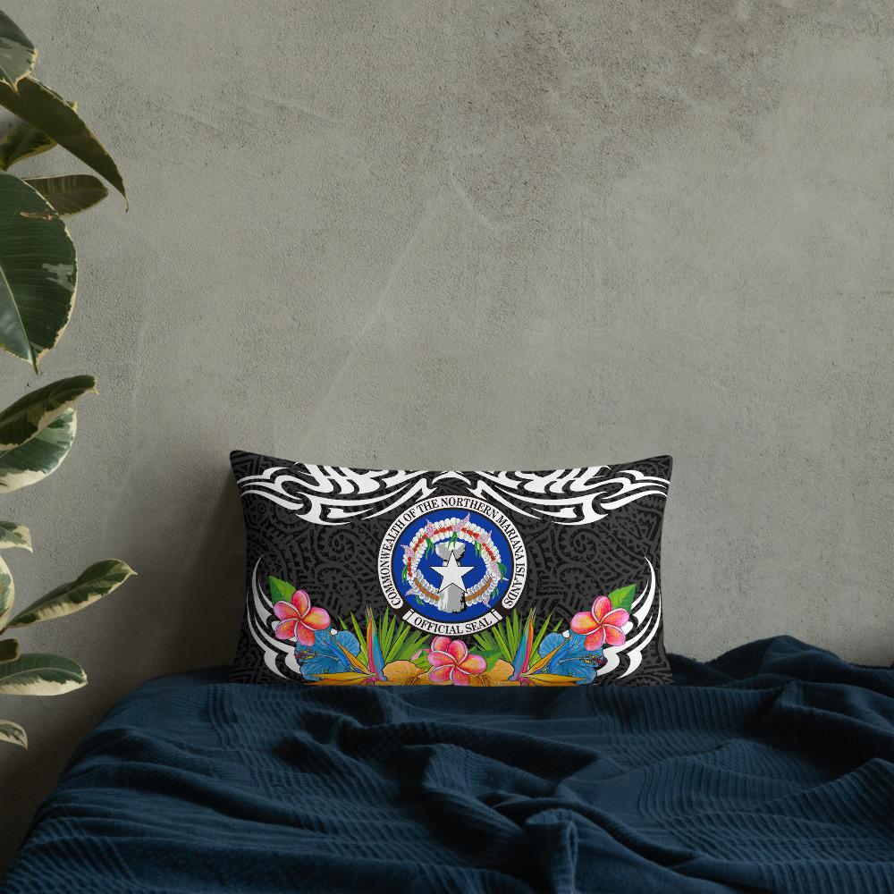 Northern Mariana Islands Pillow - Coat Of Arms With Tropical Flowers 20×12 Black Pillow - Polynesian Pride