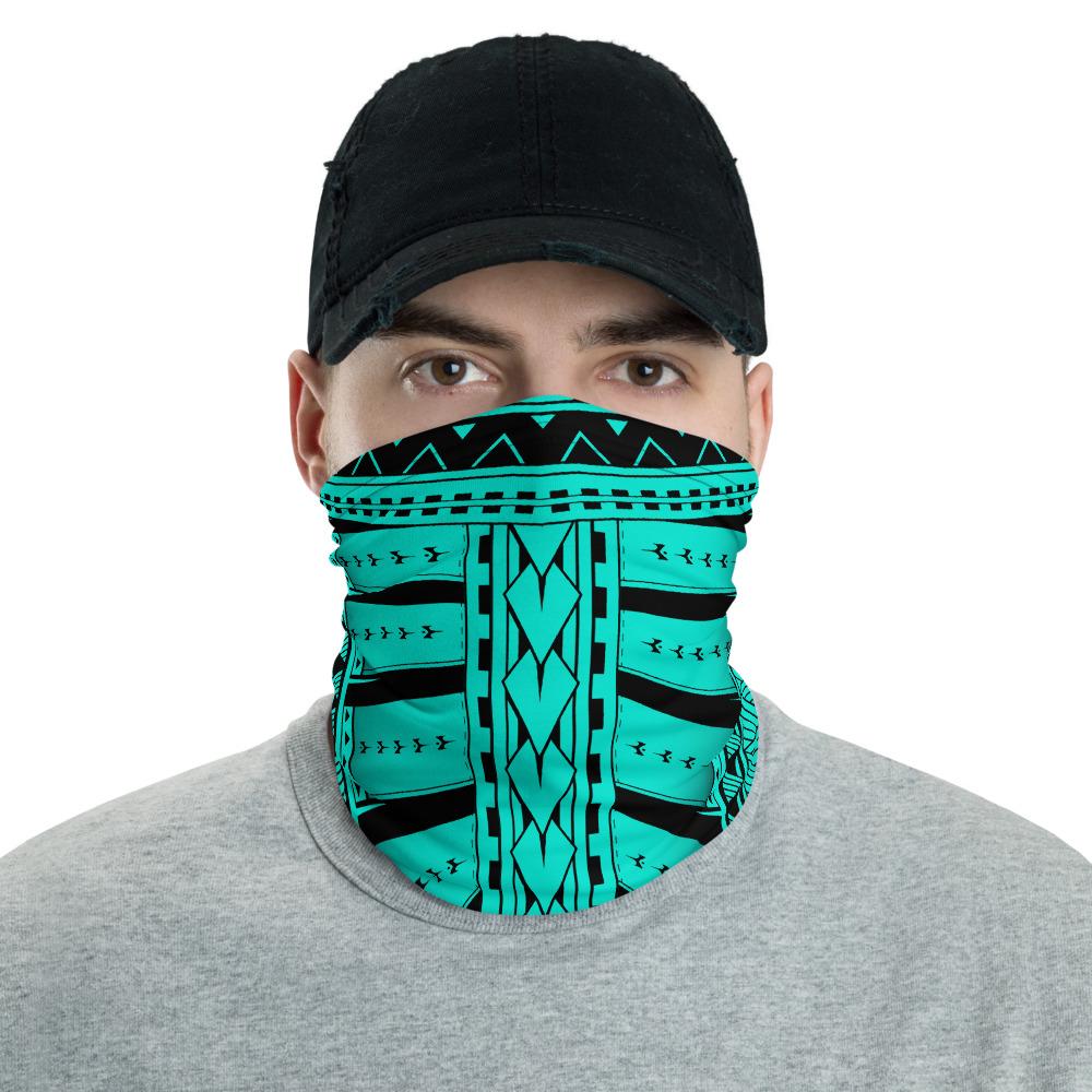 Hawaiian Bandana Hard Tatau Turquoise Unisex Neck Gaiter One Size Black - Polynesian Pride