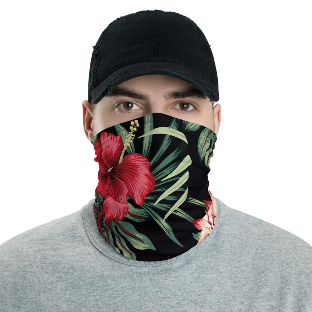 Hawaiian Bandana Hibiscus Red Unisex Neck Gaiter One Size Black - Polynesian Pride