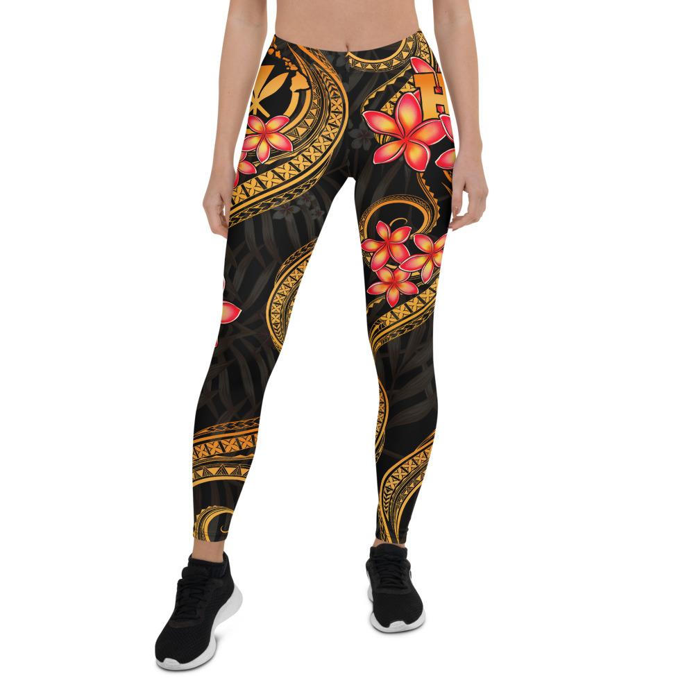 Polynesian Hawaii Women Legging - Gold Plumeria Black - Polynesian Pride