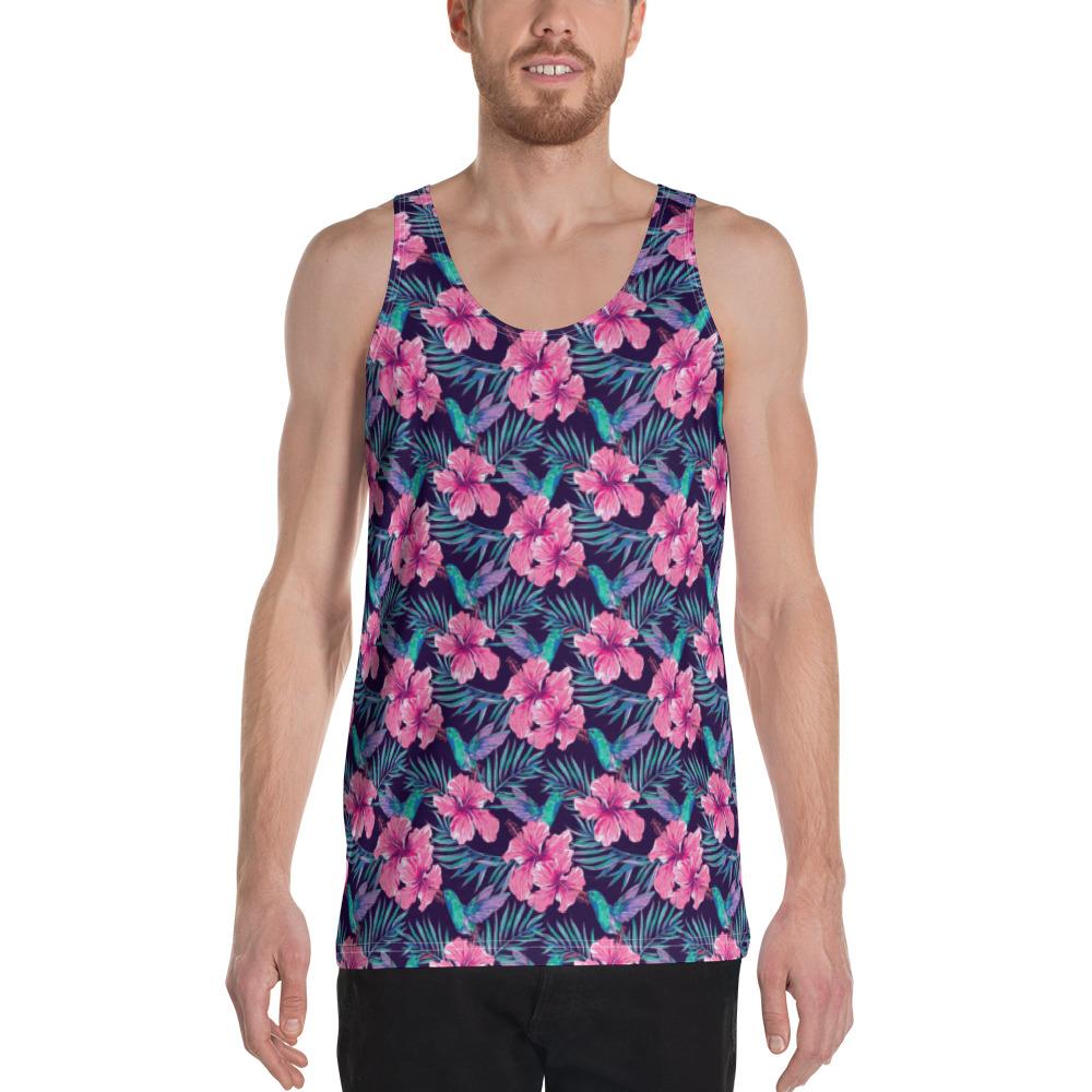 Tropical Flowers With Hummingbirds Palm Leaves Hawaii Men's Tank Top AH White - Polynesian Pride