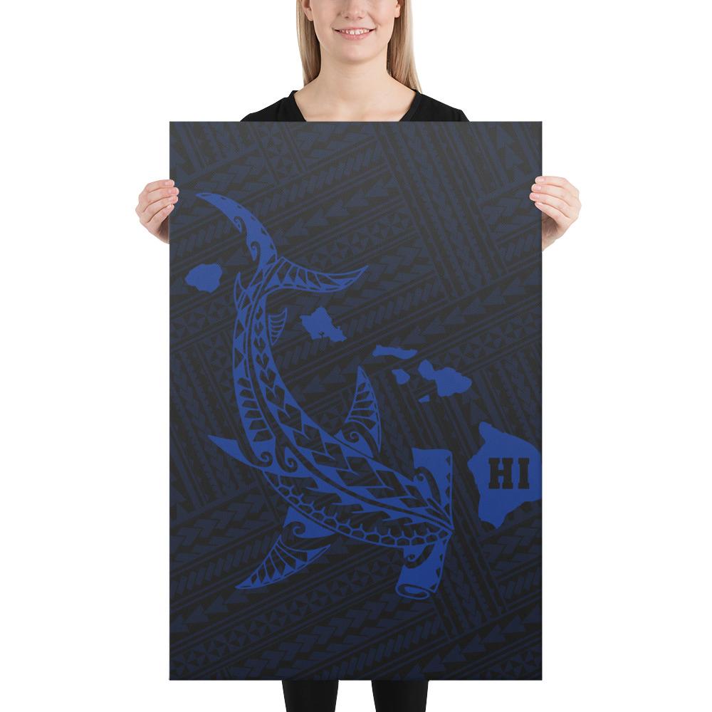 Hawaiian Map Hammerhead Shark Polynesian Canvas Blue 24x36 Canvas Blue - Polynesian Pride