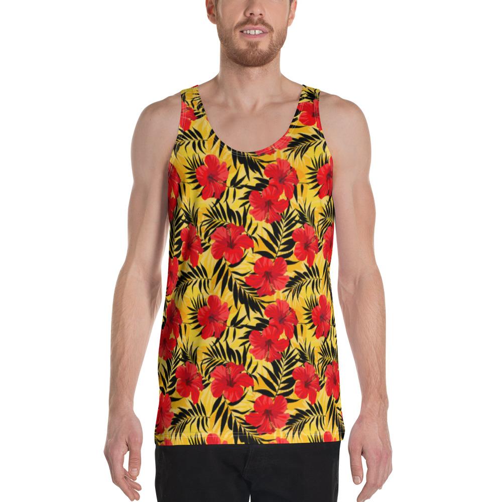 Tropical Flowers And Palm Leaves Hawaii Men's Tank Top AH White - Polynesian Pride