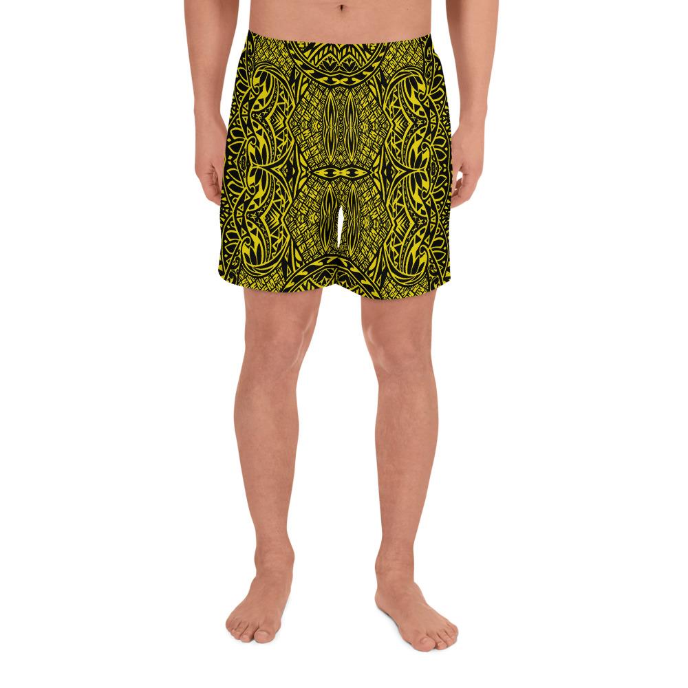 Polynesian Lauhala Mix Yellow Men's Athletic Long Shorts Art - Polynesian Pride