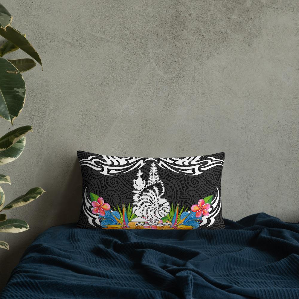 New Caledonia Pillow - Coat Of Arms With Tropical Flowers 20×12 Black Pillow - Polynesian Pride