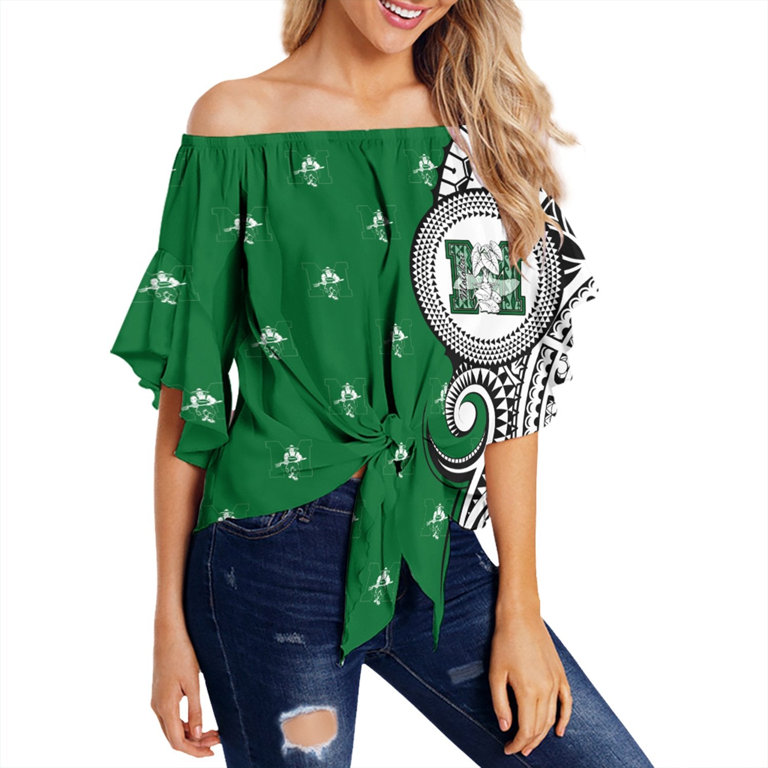 (Personalised) Hawaii - Molokai High Tribal Kakau Off Shoulder Waist Wrap Top AH Female Green - Polynesian Pride