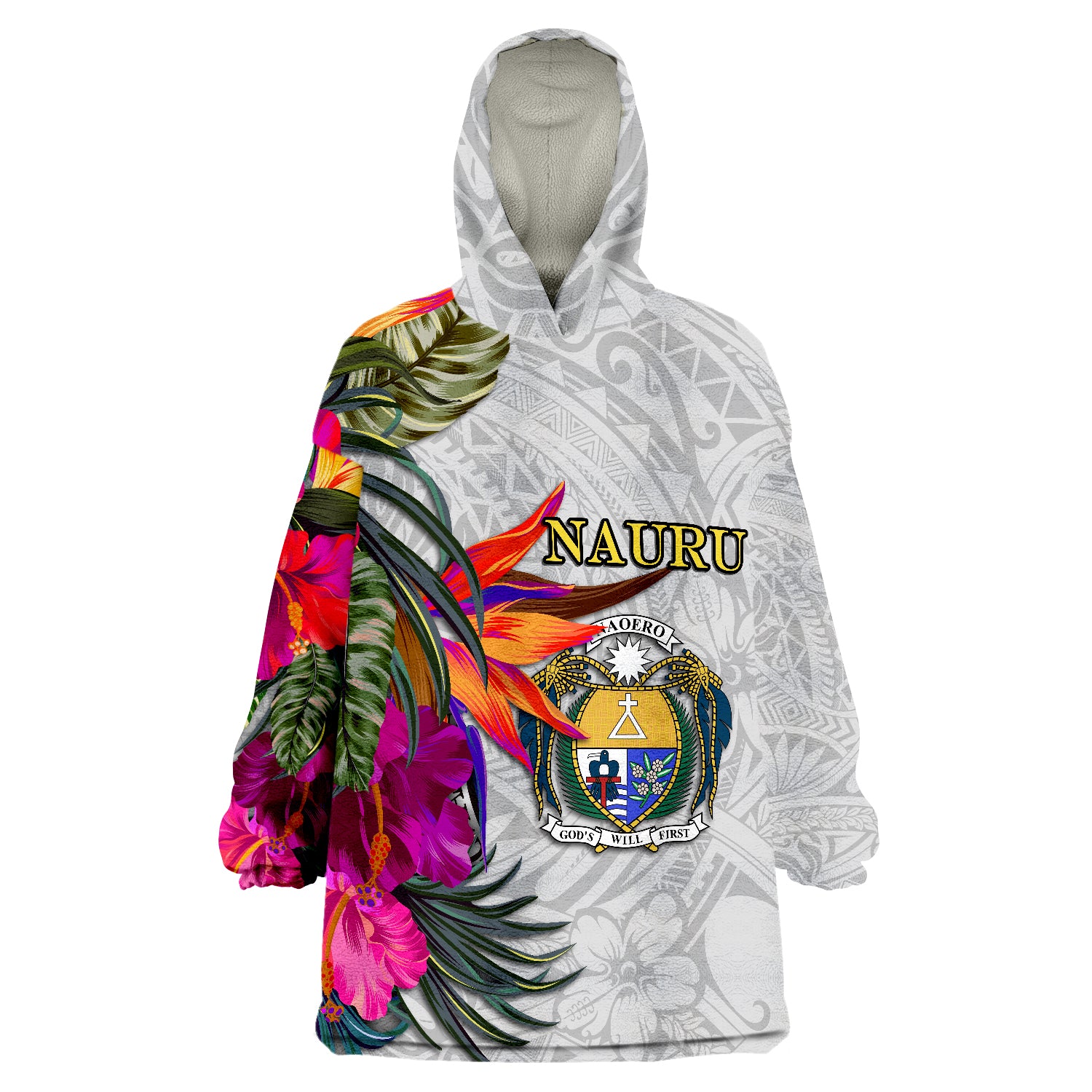 Nauru Hibiscus Polynesian White pattern Wearable Blanket Hoodie LT9 Unisex One Size - Polynesian Pride