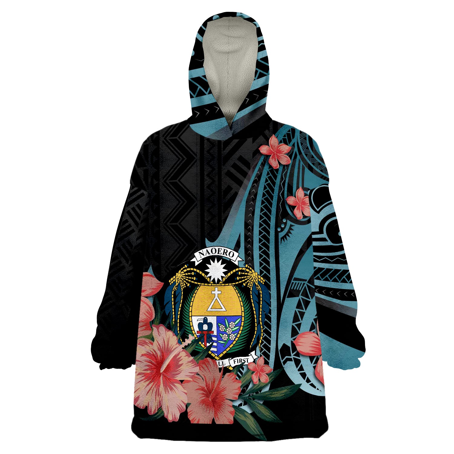 Nauru Turquoise Polynesian Hibiscus Pattern Style Wearable Blanket Hoodie LT9 Unisex One Size - Polynesian Pride