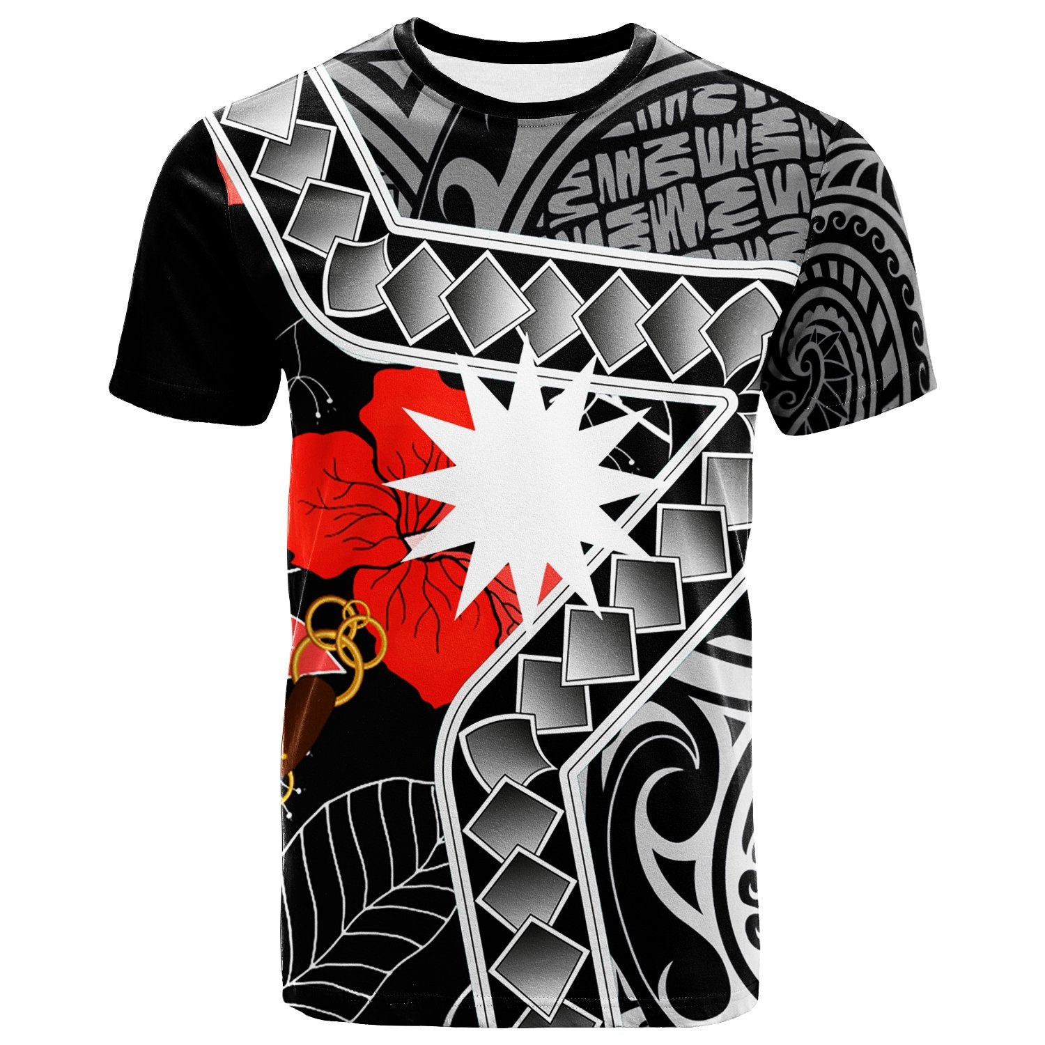 Nauru T Shirt Hibiscus Ft Polynesian Pattern Unisex Black - Polynesian Pride