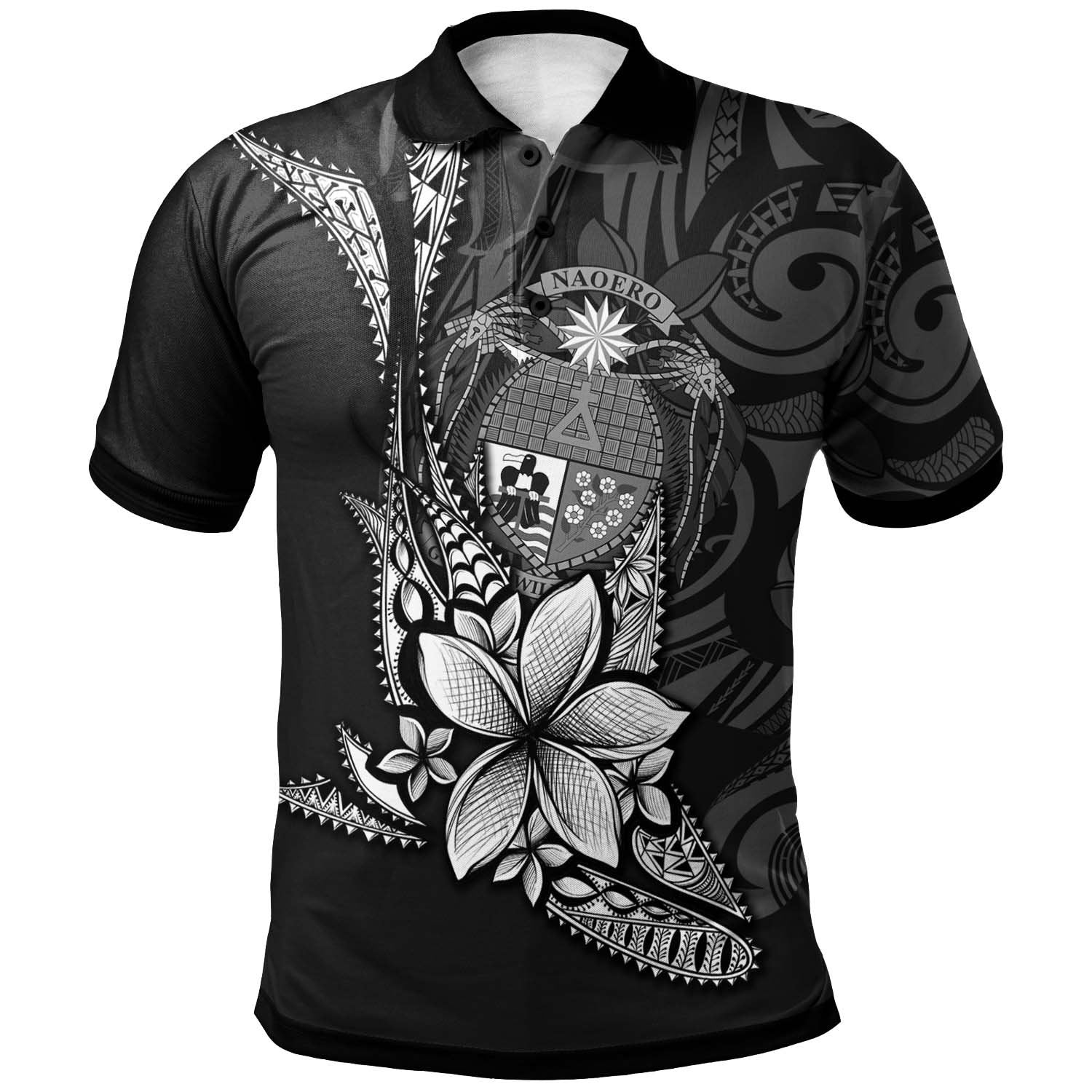 Nauru Custom Polo Shirt Fish With Plumeria Flowers Style Unisex Black - Polynesian Pride