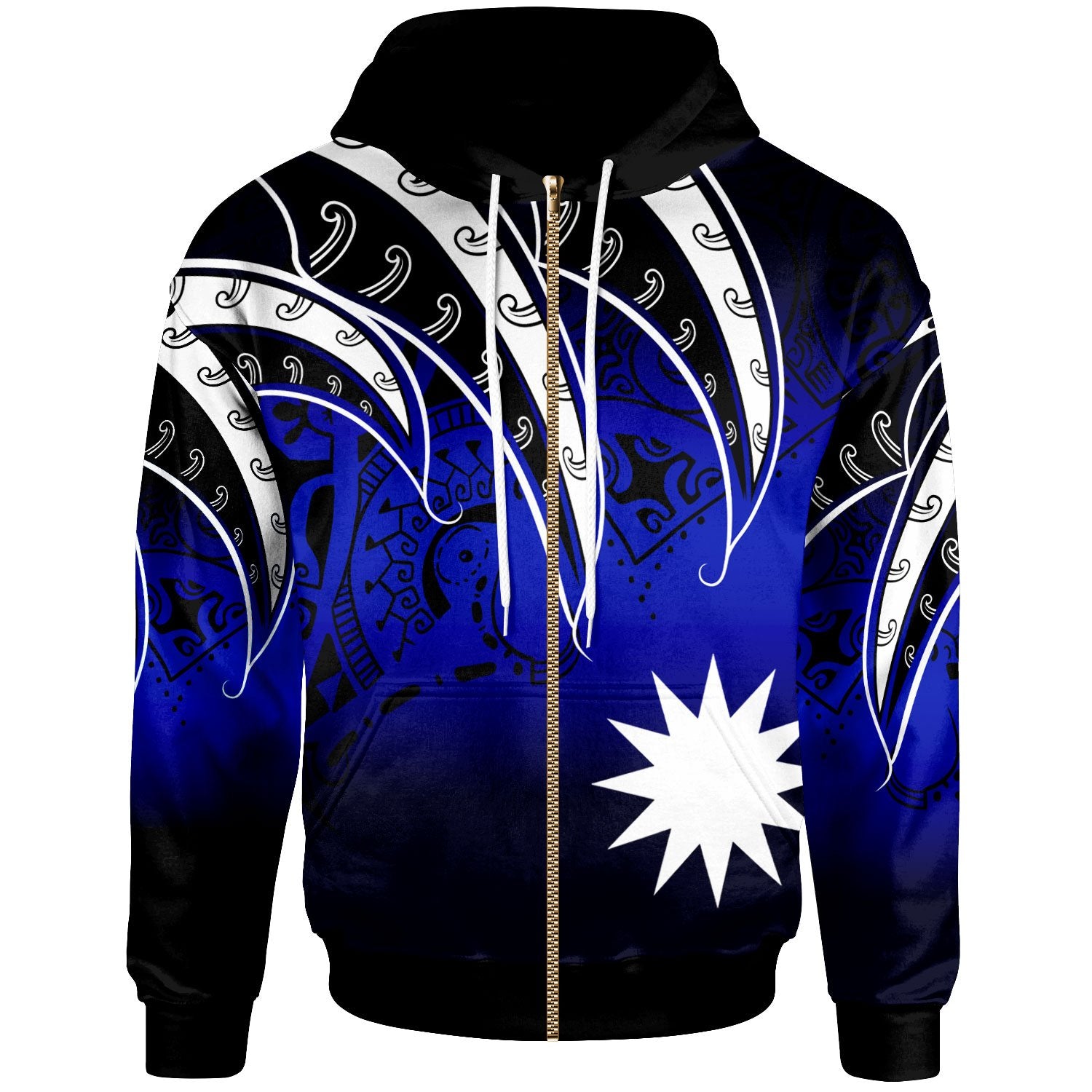 Nauru Zip Hoodie Tropical Leaf Gradient Blue Style Unisex Blue - Polynesian Pride