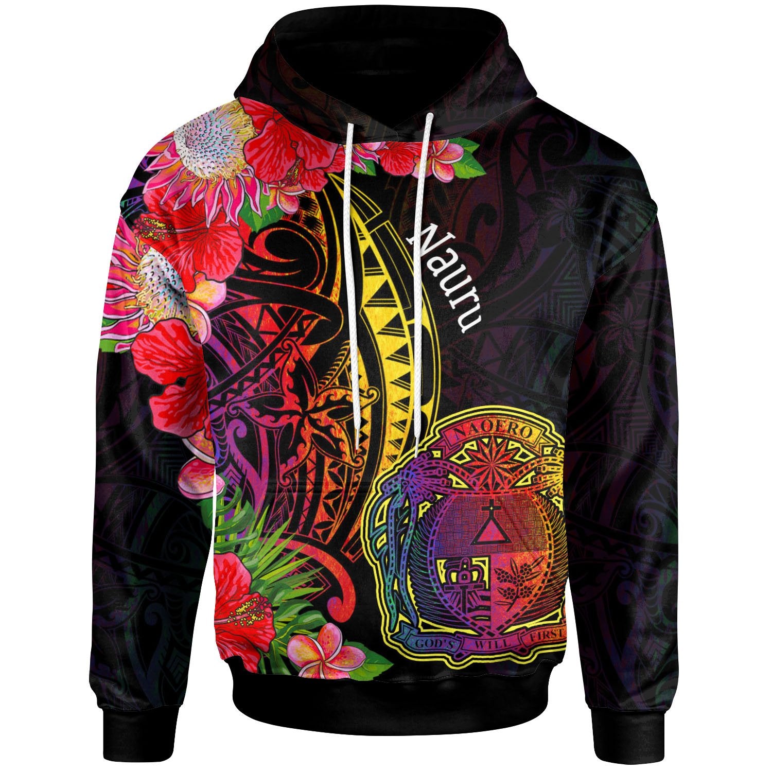 Nauru Hoodie Tropical Hippie Style Unisex Black - Polynesian Pride