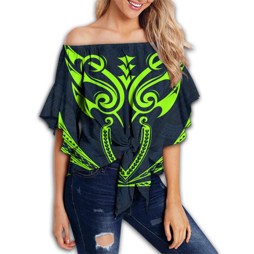 Hawaii Kanaka Polynesian Women's Off Shoulder Wrap Waist Top - Navy - Bernice Style - AH Female Navy - Polynesian Pride