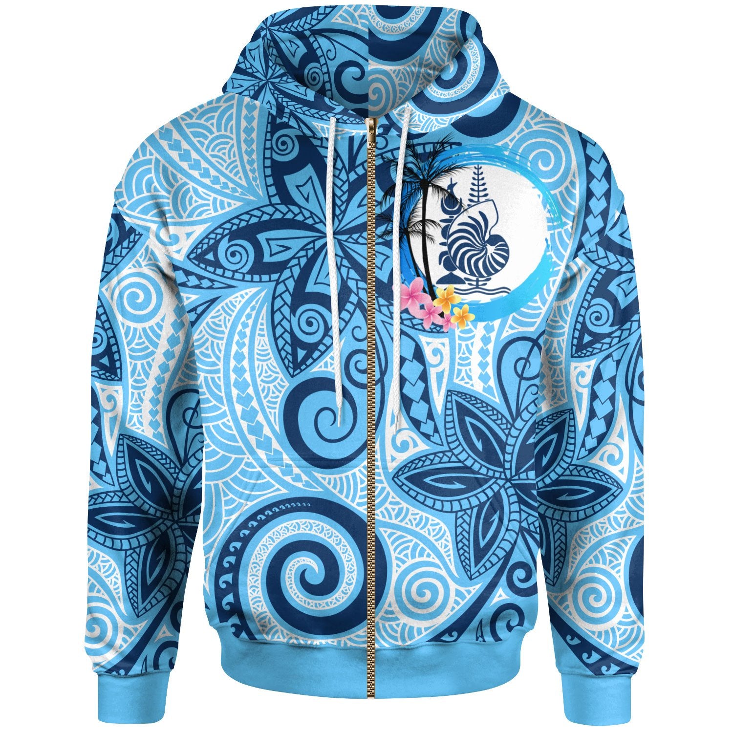 New Caledonia Zip Hoodie Tribal Plumeria Pattern Unisex Blue - Polynesian Pride