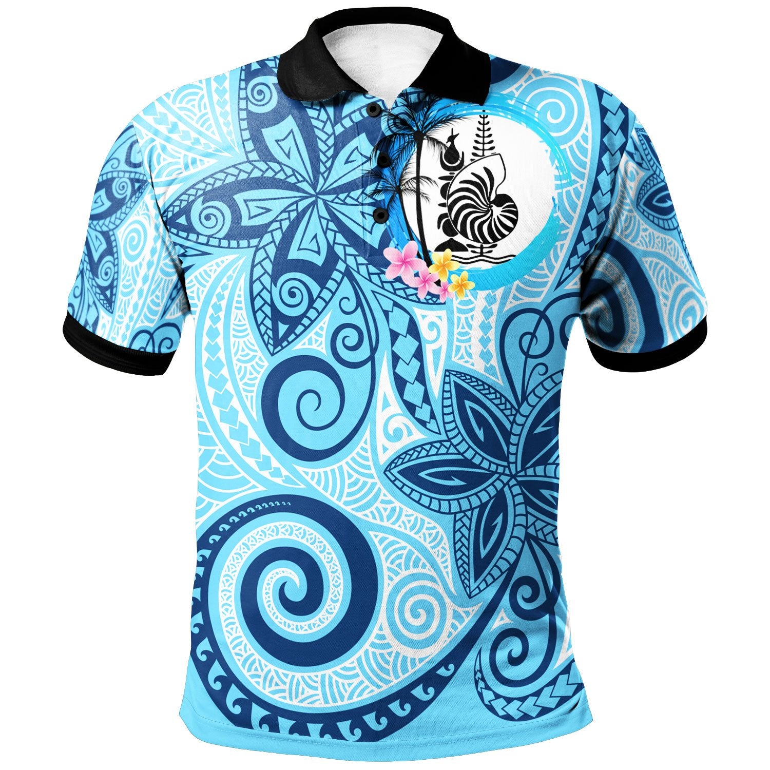 New Caledonia Polo Shirt Tribal Plumeria Pattern Unisex Blue - Polynesian Pride