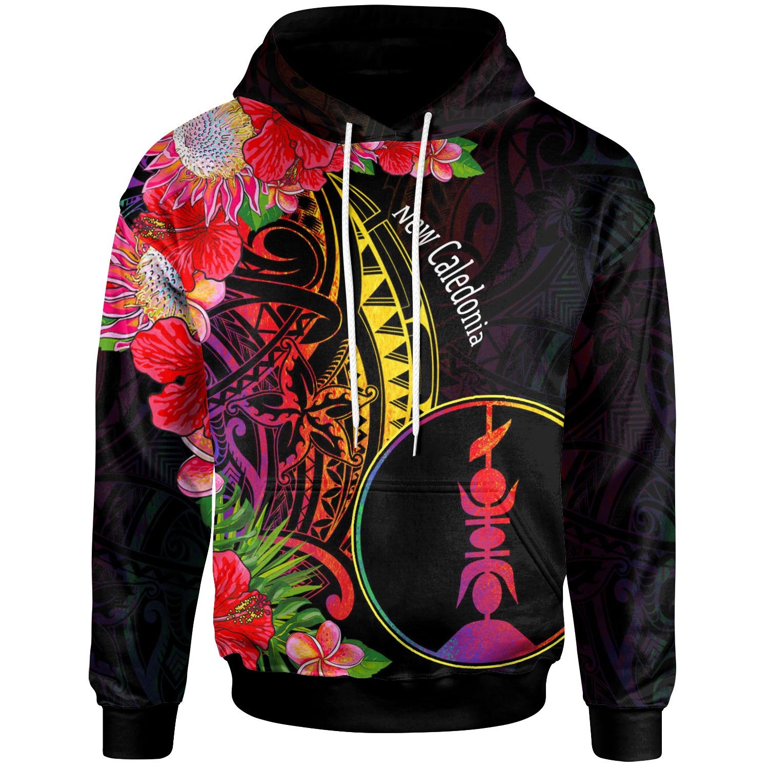 New Caledonia Hoodie Tropical Hippie Style Unisex Black - Polynesian Pride