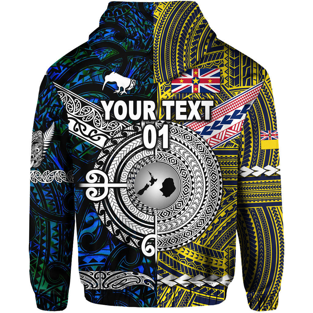 Custom New Zealand Niue Zip Hoodie Maori and Polynesian Together Blue, Custom Text and Number LT8 - Polynesian Pride