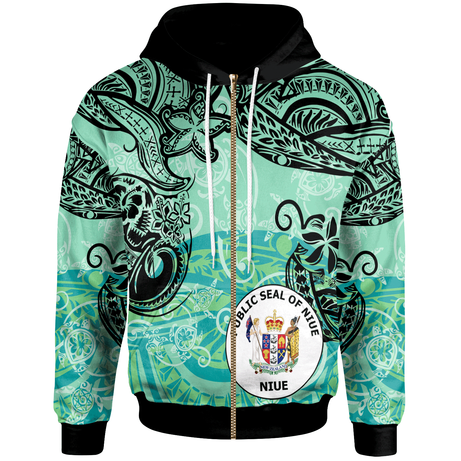 Niue Zip Hoodie Vintage Floral Pattern Green Color Unisex Green - Polynesian Pride