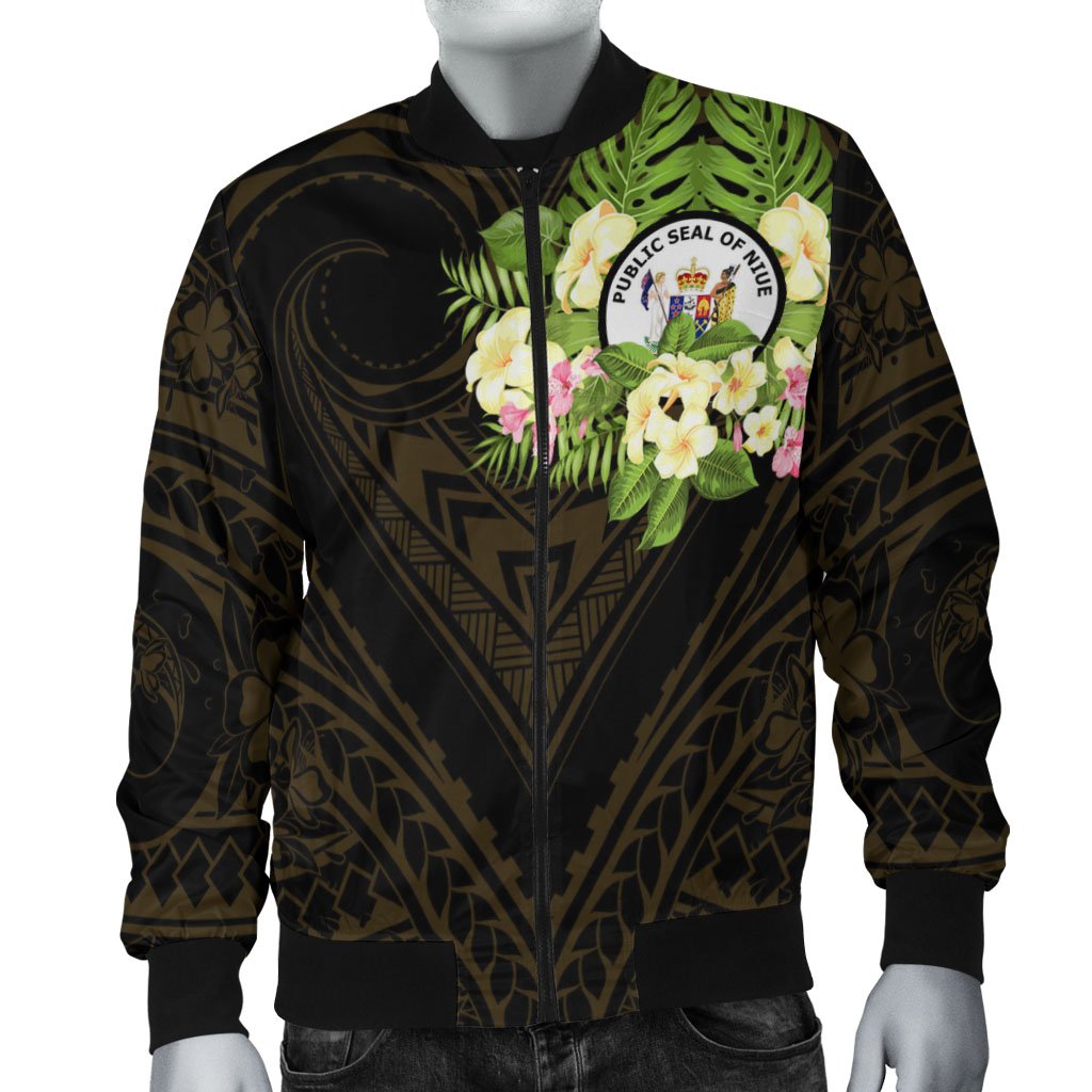 Niue Men's Bomber Jacket - Polynesian Gold Patterns Collection Black - Polynesian Pride