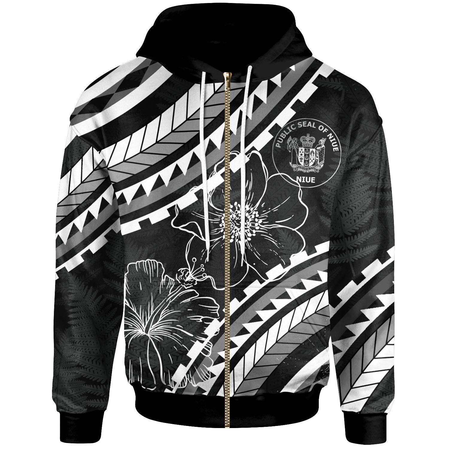 Niue Zip Hoodie Palm Leaf Texture Black Unisex Black - Polynesian Pride