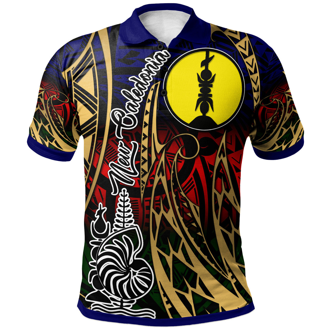 New Caledonia Polo Shirt Custom Kanaky Flag Coat Of Arms Polynesian Pattern Art - Polynesian Pride