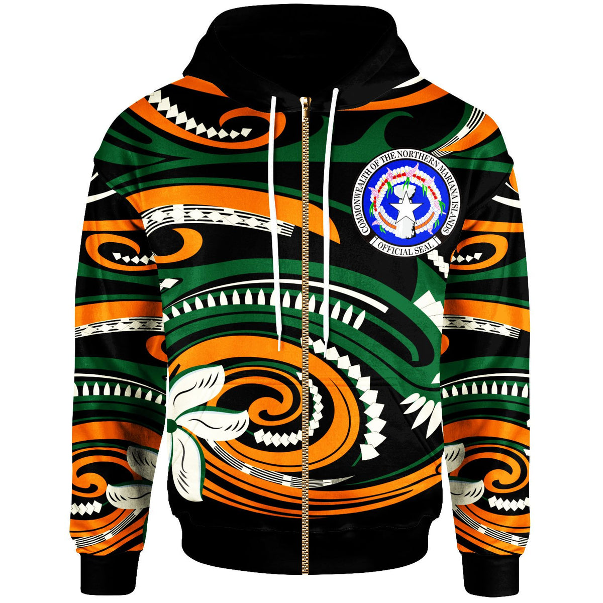 Northern Mariana Islands Zip Hoodie Vortex Style Unisex Green Orange - Polynesian Pride