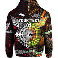 Custom New Zealand Australia Hoodie Maori and Aboriginal Together Red, Custom Text and Number LT8 - Polynesian Pride