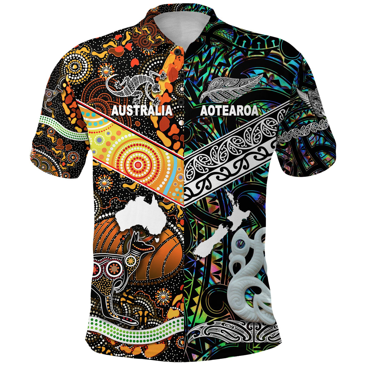 Custom New Zealand Australia Polo Shirt Maori and Aboriginal Together Paua Shell, Custom Text and Number LT8 - Polynesian Pride