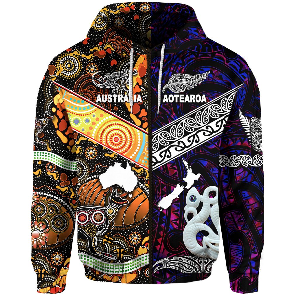 New Zealand Australia Zip Hoodie for Kid Maori and Aboriginal Together Purple LT8 - Polynesian Pride