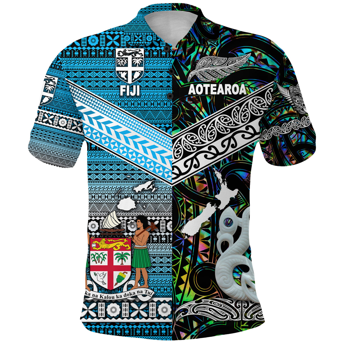 Custom New Zealand Fiji Polo Shirt Maori and Tapa Together Paua Shell, Custom Text and Number LT8 - Polynesian Pride