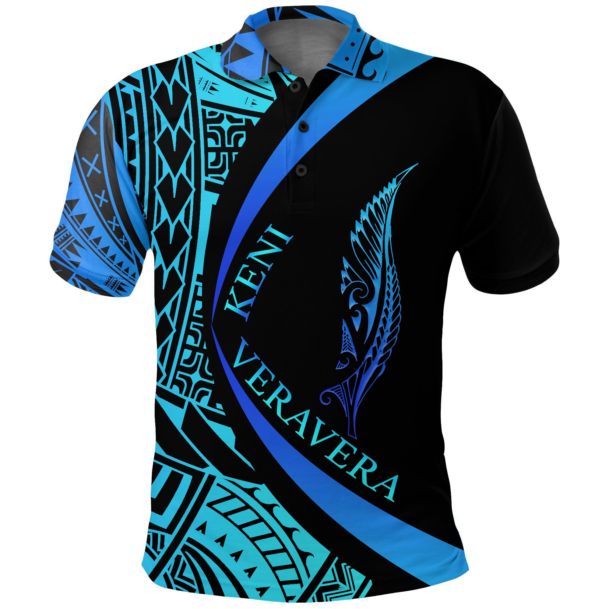 (Keni Veravera) New Zealand Silver Fern Polo Shirt Maori Tattoo Circle Style Blue LT8 Unisex Blue - Polynesian Pride