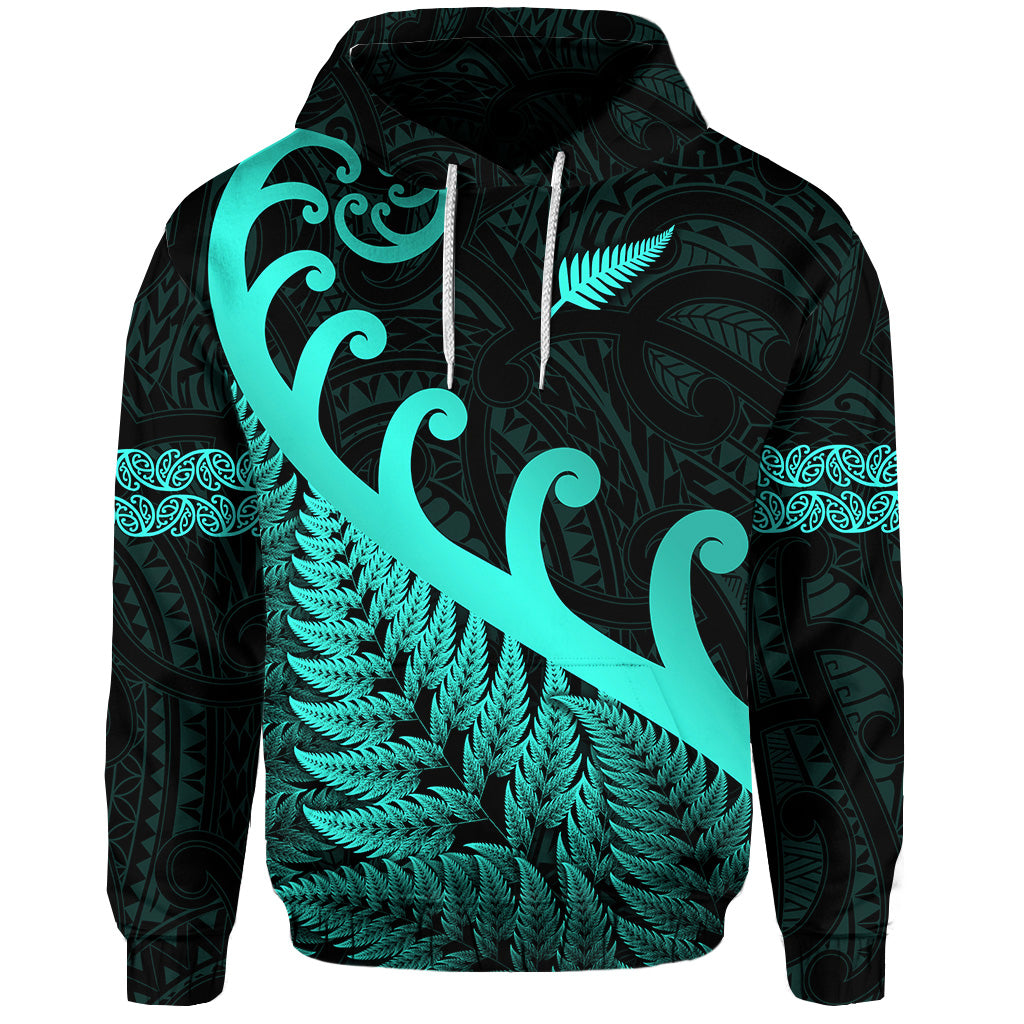 Custom New Zealand Rugby Maori Hoodie Silver Fern Koru Vibes Turquoise LT8 - Polynesian Pride