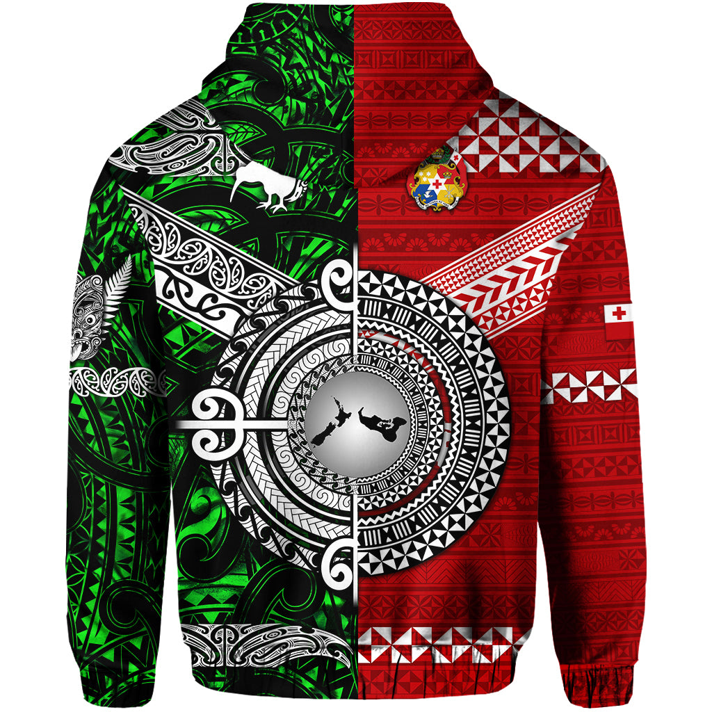 Custom New Zealand Tonga Zip Hoodie Maori and Polynesian Together Green LT8 - Polynesian Pride