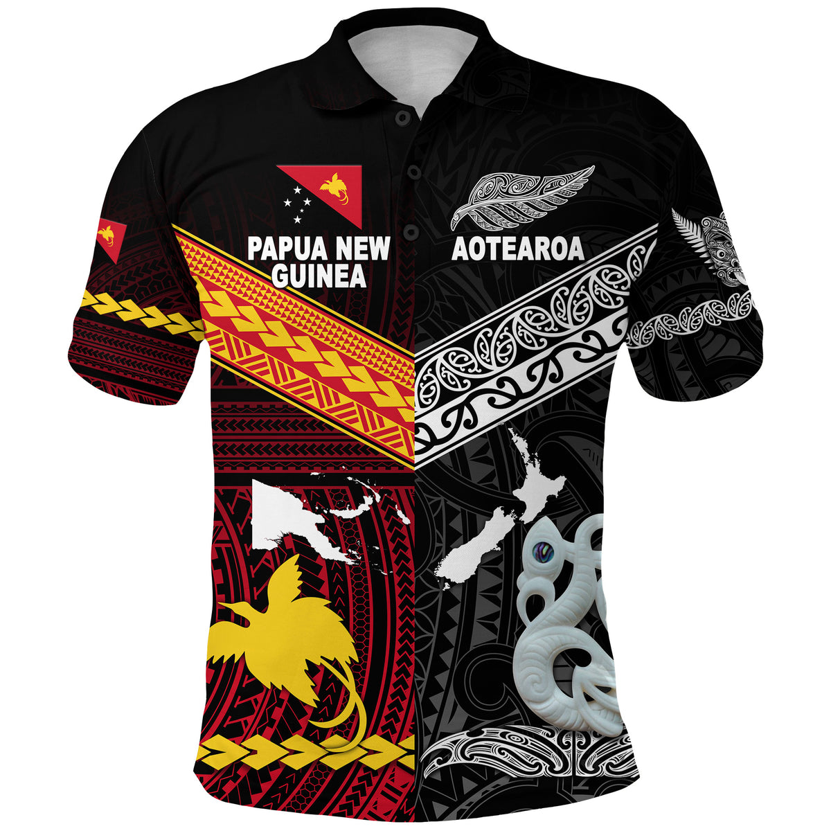 Custom New Zealand Papua New Guinea Polo Shirt Maori and Polynesian Together, Custom Text and Number LT8 - Polynesian Pride