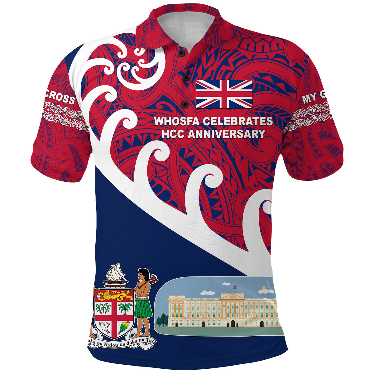 Whosfa Celebrates HCC Anniversary Fiji United Kingdom Polo Shirt Silver Fern Koru Vibes Navy Blue LT8 Red - Polynesian Pride