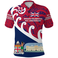 Whosfa Celebrates HCC Anniversary Fiji United Kingdom Polo Shirt Silver Fern Koru Vibes Navy Blue LT8 Red - Polynesian Pride