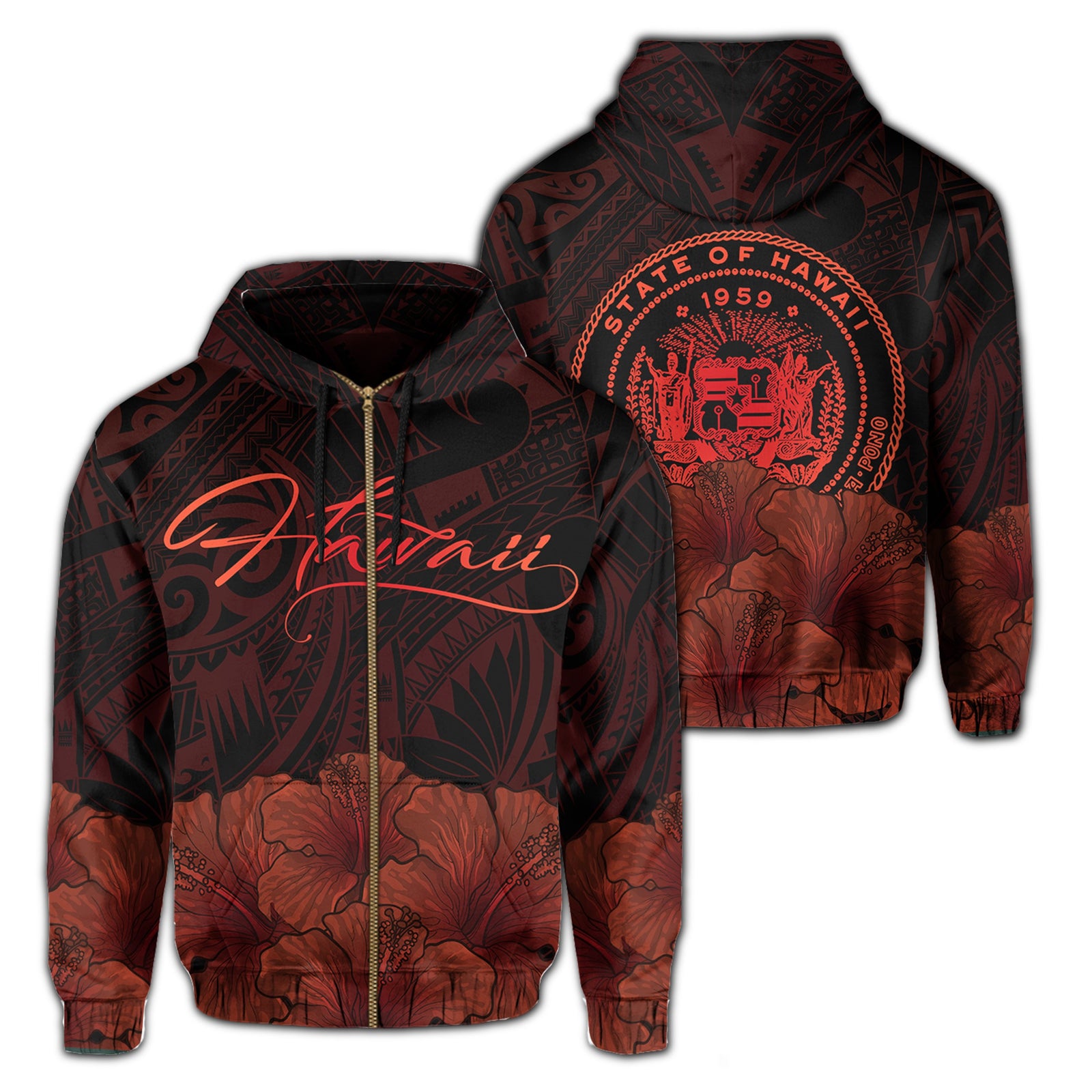 Polynesian Hibiscus Seal of Hawaii Zip Hoodie Orange Unisex Orange - Polynesian Pride