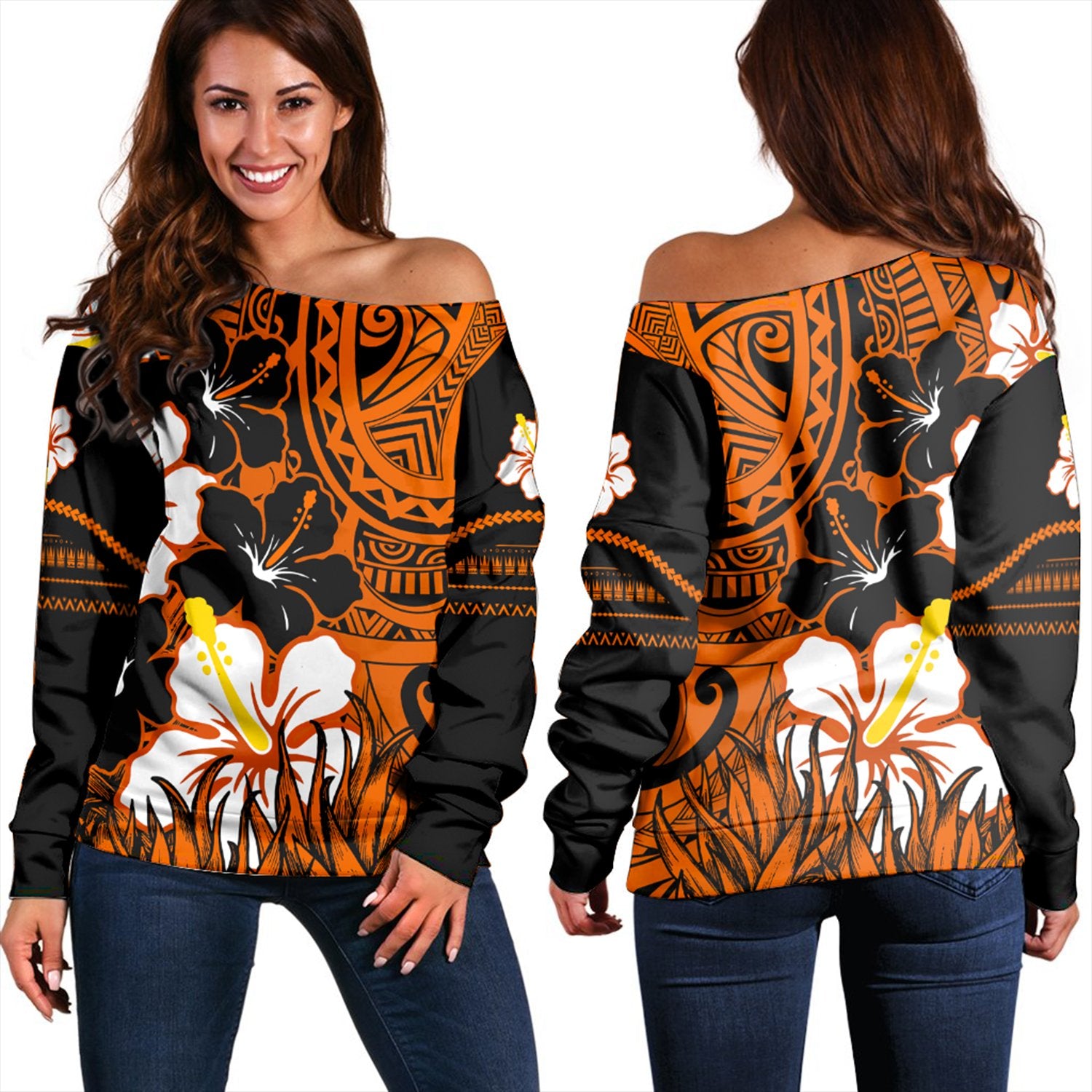 Hawaii - Black Noon Hibiscus Women's Off Shoulder Sweatshirt AH Black - Polynesian Pride