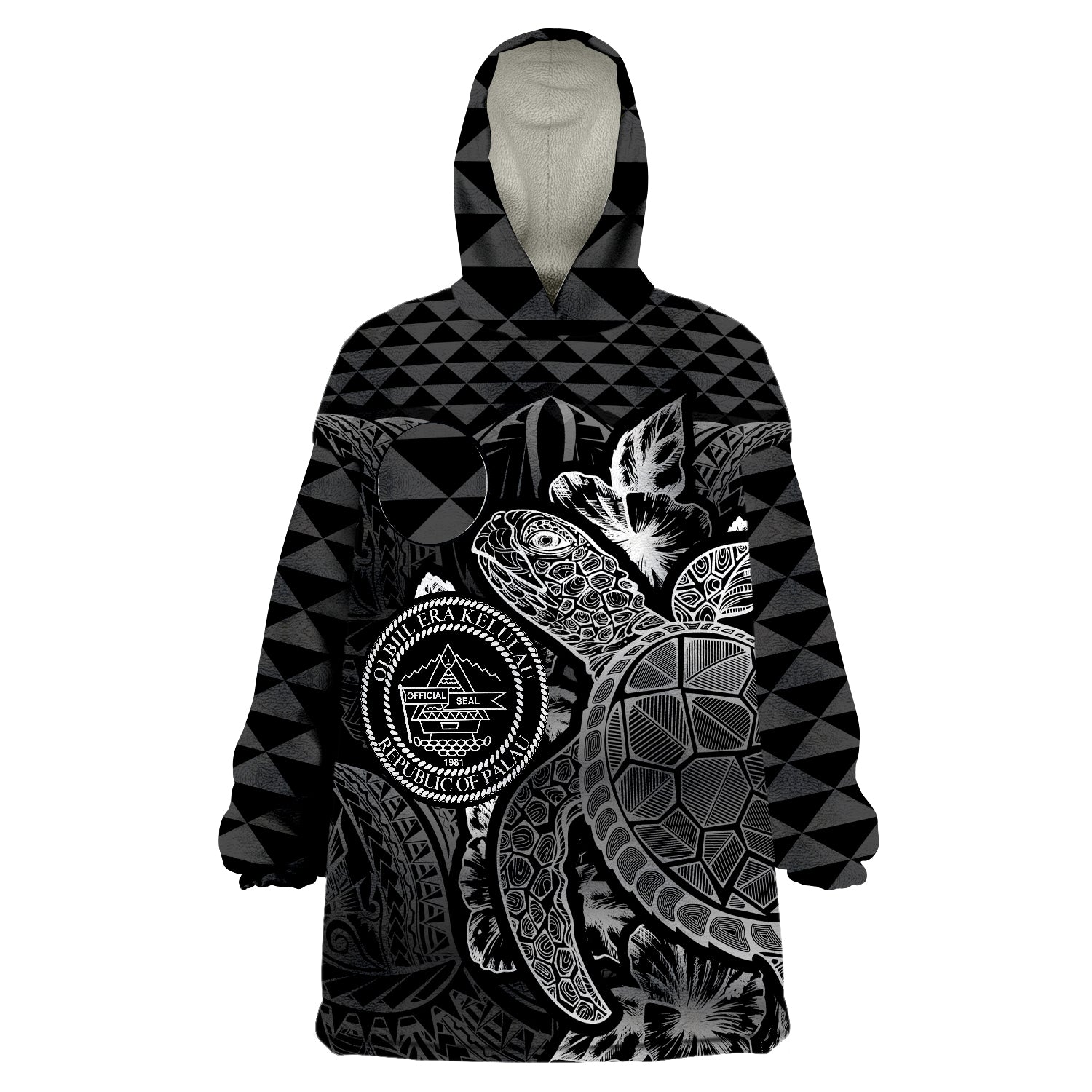 Palau Flag Turtle Hibiscus Black Wearable Blanket Hoodie LT9 Unisex One Size - Polynesian Pride