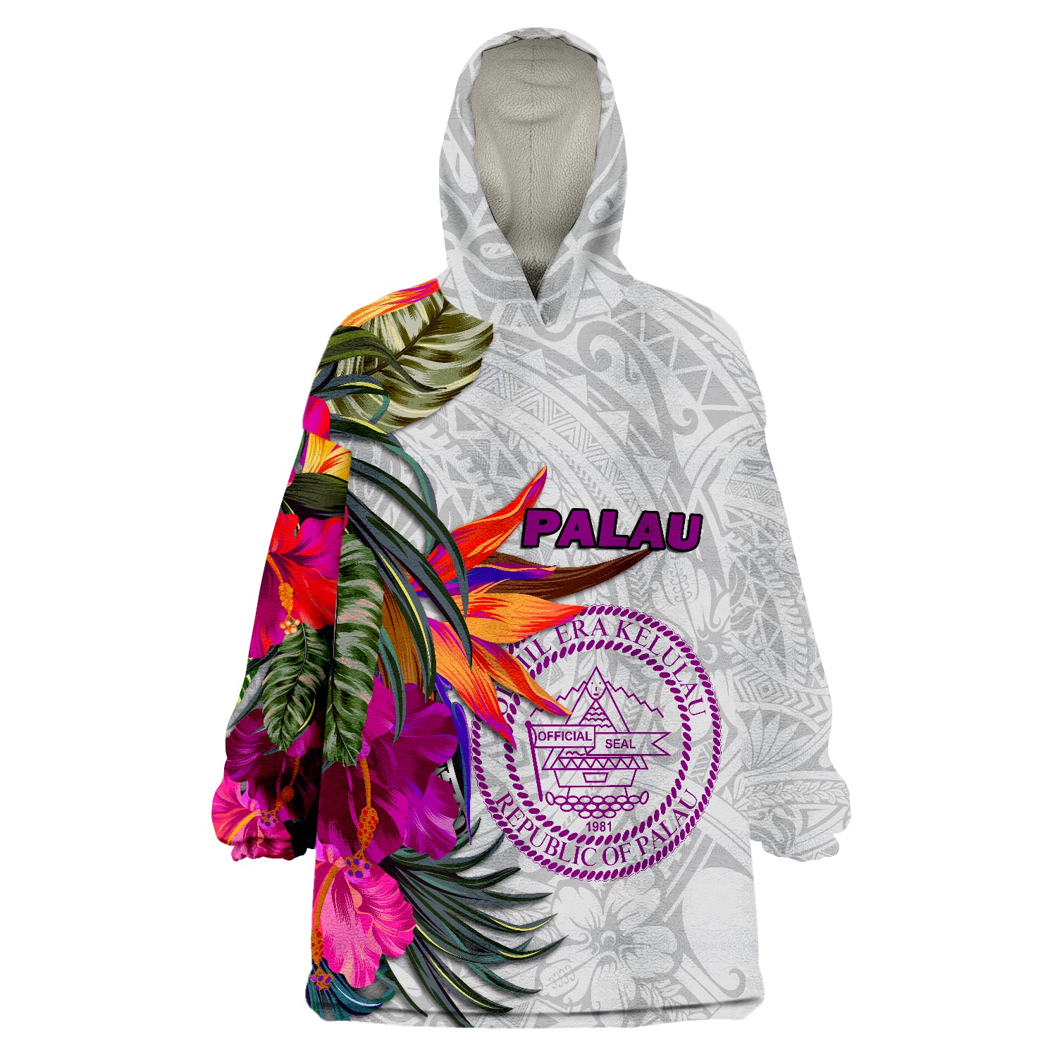 Palau Hibiscus Polynesian White pattern Wearable Blanket Hoodie LT9 Unisex One Size - Polynesian Pride