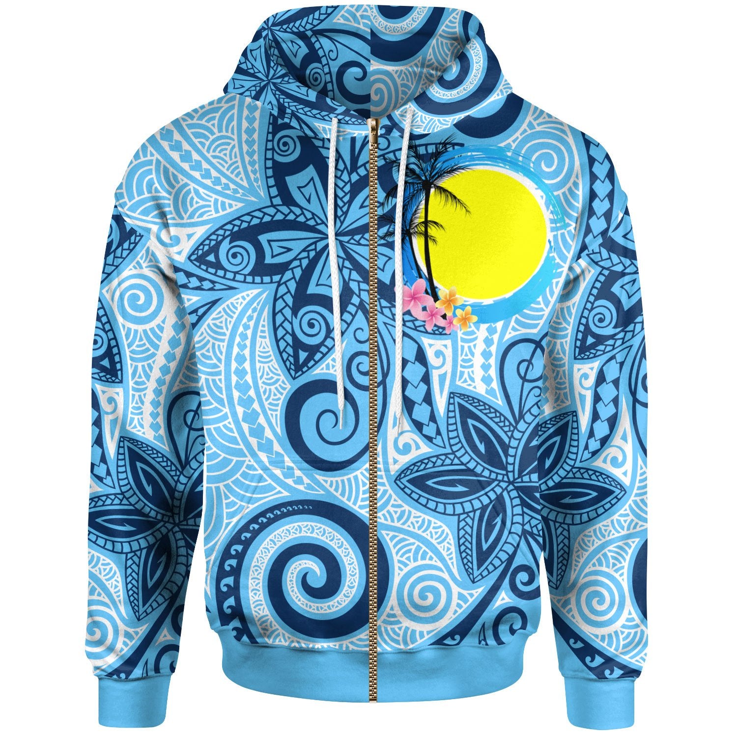 Palau Zip Hoodie Tribal Plumeria Pattern Unisex Blue - Polynesian Pride