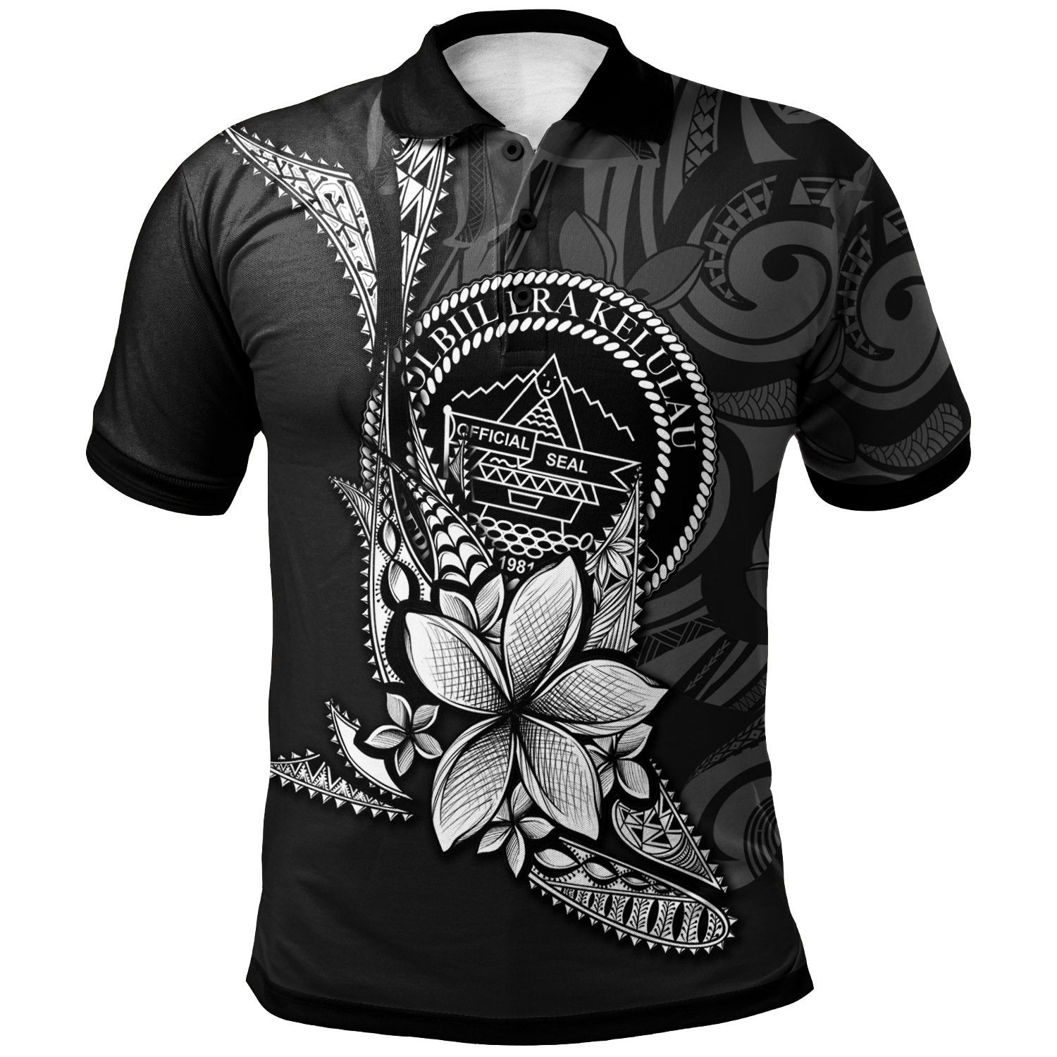 Palau Custom Polo Shirt Fish With Plumeria Flowers Style Unisex Black - Polynesian Pride