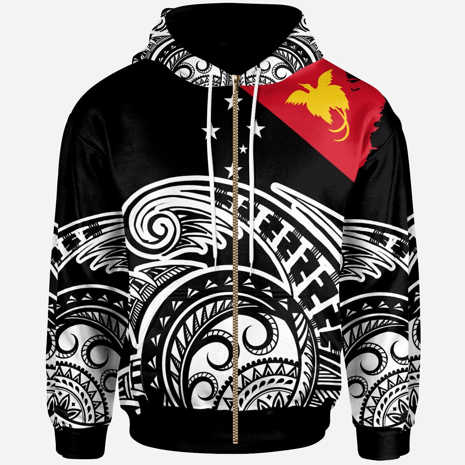 Papua New Guinea Custom Zip Hoodie Ethnic Style With Round Black White Pattern Unisex Black - Polynesian Pride