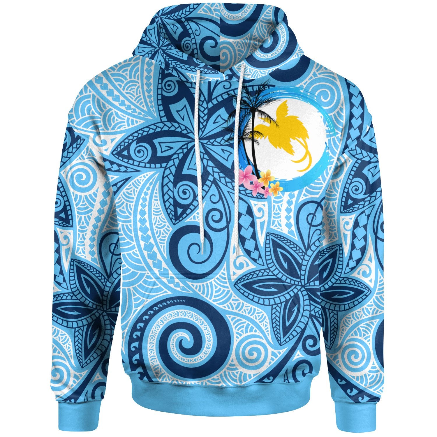 Papua New Guinea Hoodie Tribal Plumeria Pattern Unisex Blue - Polynesian Pride