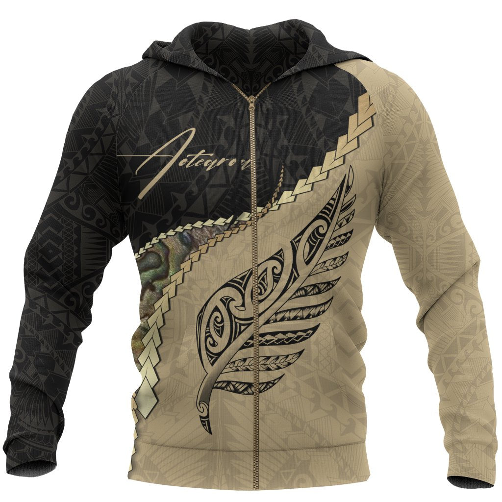 Maori Silver Fern Zip Hoodie, Paua Shell Full Zip Hoodie Signatrue Unisex Black - Polynesian Pride