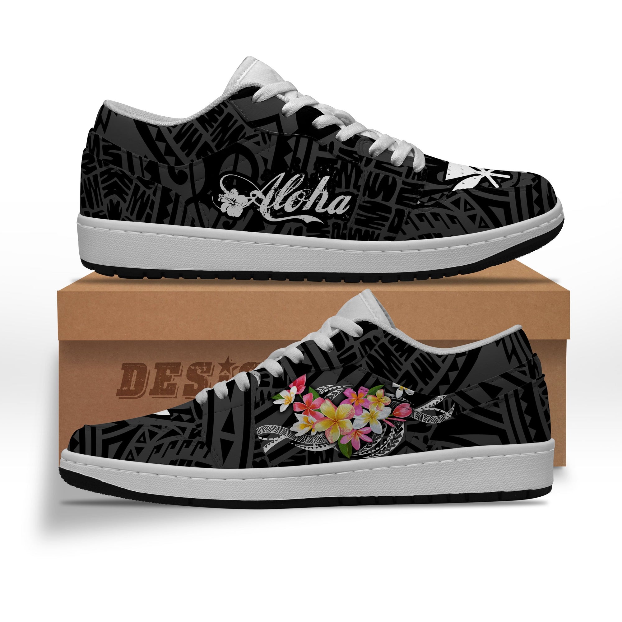 Hawaii Plumeria Tropical Polynesian Low Sneaker - Quin Style - AH Black - Polynesian Pride