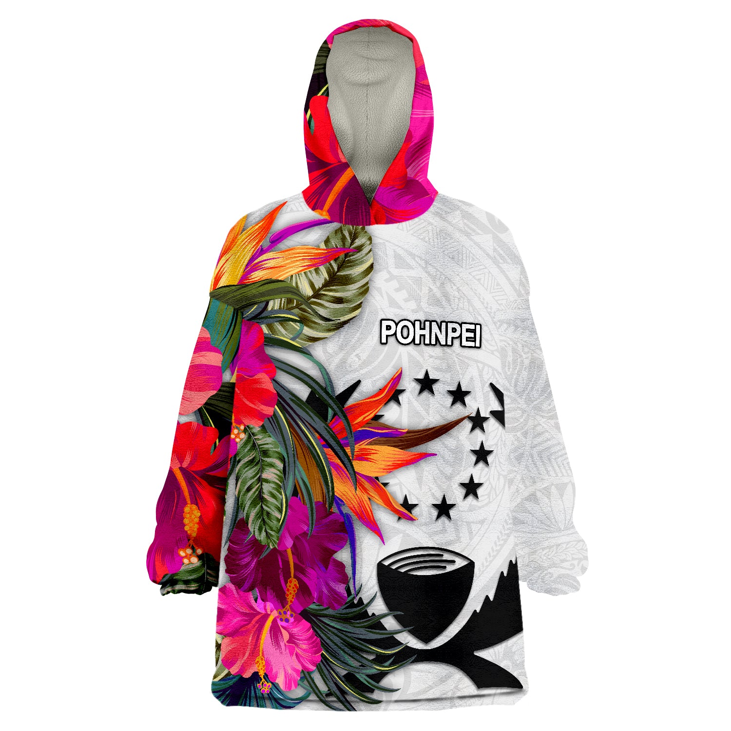 Pohnpei Micronesian Hibiscus White Pattern Wearable Blanket Hoodie LT9 Unisex One Size - Polynesian Pride