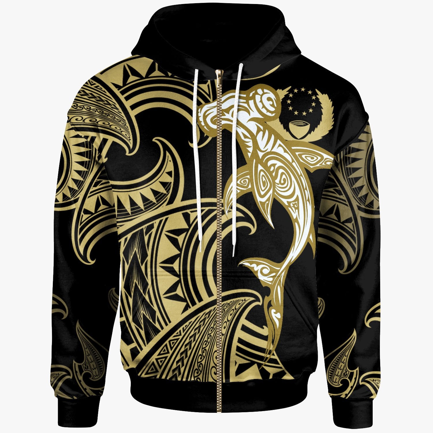 Pohnpei Zip up Hoodie Hammerhead Shark Tribal Pattern Unisex Gold - Polynesian Pride